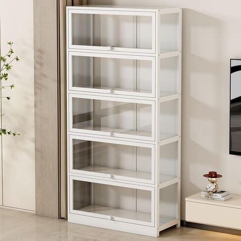 5-Tier Display Cabinet with Acrylic Glass Door Curio Display Case for Collectibles Toy Organizers Rack & Display Shelf Kids Bookshelf for Home, Office, Playroom, Living Room（White） in Saudi Arabia