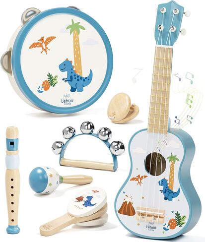 Lehoo Castle Kids Guitar Set, Dinosaur Guitar for Toddlers 1-3, Wooden Montessori Musical Instruments 7 in 1 with Ukulele/Tambourine/Maracas/Flute, Mini Band Set Birthday Gift for Boys Girls in Kuwait