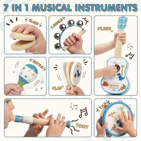 Lehoo Castle Kids Guitar Set, Dinosaur Guitar for Toddlers 1-3, Wooden Montessori Musical Instruments 7 in 1 with Ukulele/Tambourine/Maracas/Flute, Mini Band Set Birthday Gift for Boys Girls in Kuwait