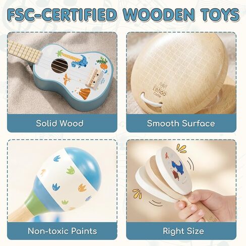 Lehoo Castle Kids Guitar Set, Dinosaur Guitar for Toddlers 1-3, Wooden Montessori Musical Instruments 7 in 1 with Ukulele/Tambourine/Maracas/Flute, Mini Band Set Birthday Gift for Boys Girls in Kuwait