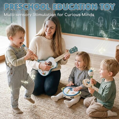 Lehoo Castle Kids Guitar Set, Dinosaur Guitar for Toddlers 1-3, Wooden Montessori Musical Instruments 7 in 1 with Ukulele/Tambourine/Maracas/Flute, Mini Band Set Birthday Gift for Boys Girls in Kuwait