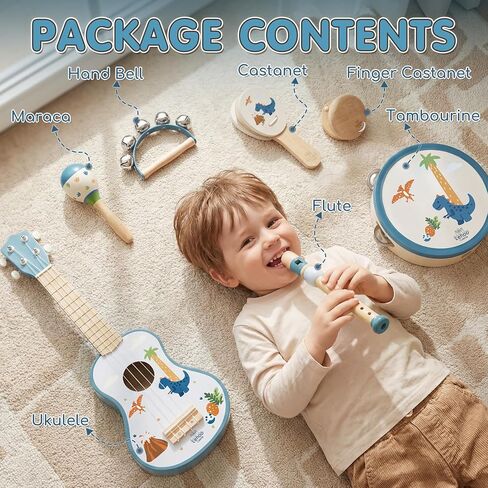 Lehoo Castle Kids Guitar Set, Dinosaur Guitar for Toddlers 1-3, Wooden Montessori Musical Instruments 7 in 1 with Ukulele/Tambourine/Maracas/Flute, Mini Band Set Birthday Gift for Boys Girls in Kuwait