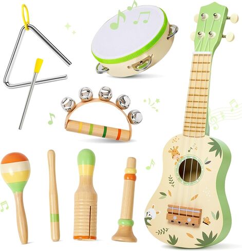 Toddler Guitar Set, 7-in-1 Wooden Baby Musical Instruments Band Includes 17" Ukulele, Maracas, Drum, Trumpet & More - Perfect Toy for Kids Ages 1-5, Ideal Gift for First Birthday Christmas in Kuwait