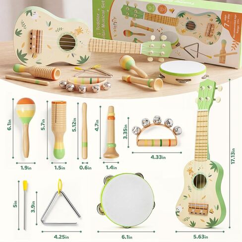 Toddler Guitar Set, 7-in-1 Wooden Baby Musical Instruments Band Includes 17" Ukulele, Maracas, Drum, Trumpet & More - Perfect Toy for Kids Ages 1-5, Ideal Gift for First Birthday Christmas in Kuwait
