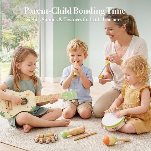 Toddler Guitar Set, 7-in-1 Wooden Baby Musical Instruments Band Includes 17" Ukulele, Maracas, Drum, Trumpet & More - Perfect Toy for Kids Ages 1-5, Ideal Gift for First Birthday Christmas in Kuwait