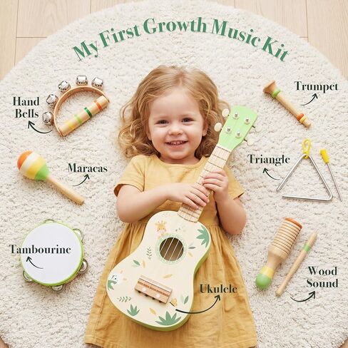 Toddler Guitar Set, 7-in-1 Wooden Baby Musical Instruments Band Includes 17" Ukulele, Maracas, Drum, Trumpet & More - Perfect Toy for Kids Ages 1-5, Ideal Gift for First Birthday Christmas in Kuwait
