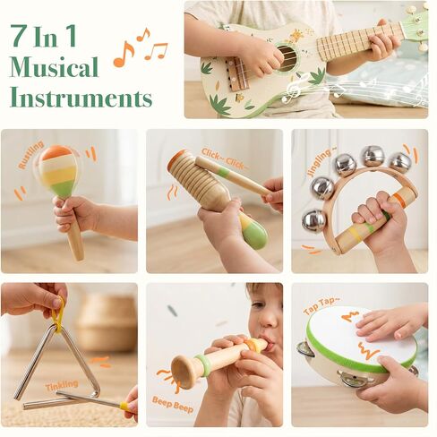 Toddler Guitar Set, 7-in-1 Wooden Baby Musical Instruments Band Includes 17" Ukulele, Maracas, Drum, Trumpet & More - Perfect Toy for Kids Ages 1-5, Ideal Gift for First Birthday Christmas in Kuwait