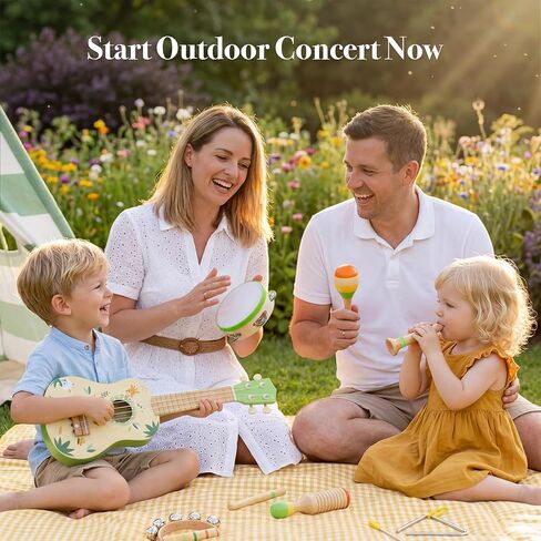 Toddler Guitar Set, 7-in-1 Wooden Baby Musical Instruments Band Includes 17" Ukulele, Maracas, Drum, Trumpet & More - Perfect Toy for Kids Ages 1-5, Ideal Gift for First Birthday Christmas in Kuwait