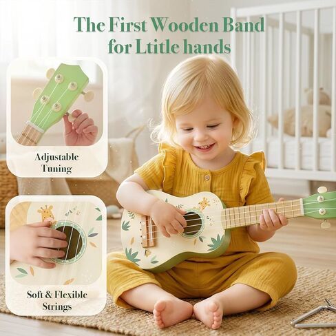 Toddler Guitar Set, 7-in-1 Wooden Baby Musical Instruments Band Includes 17" Ukulele, Maracas, Drum, Trumpet & More - Perfect Toy for Kids Ages 1-5, Ideal Gift for First Birthday Christmas in Kuwait