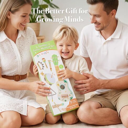 Toddler Guitar Set, 7-in-1 Wooden Baby Musical Instruments Band Includes 17" Ukulele, Maracas, Drum, Trumpet & More - Perfect Toy for Kids Ages 1-5, Ideal Gift for First Birthday Christmas in Kuwait