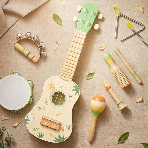 Toddler Guitar Set, 7-in-1 Wooden Baby Musical Instruments Band Includes 17" Ukulele, Maracas, Drum, Trumpet & More - Perfect Toy for Kids Ages 1-5, Ideal Gift for First Birthday Christmas in Kuwait