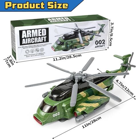 Hymaz Helicopter Toy for Kids 3-5 4-7, Army Military Plane Toy with Lights and Music, 360° Rotating, Bump and Go Airplane Toys for Boys Girls Toddlers Indoor Play Birthday Easter Gifts in Kuwait