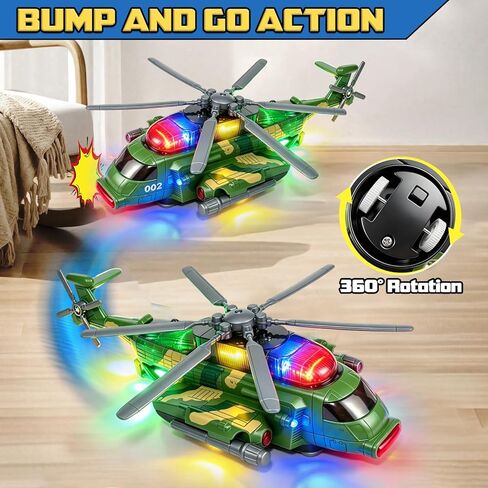 Hymaz Helicopter Toy for Kids 3-5 4-7, Army Military Plane Toy with Lights and Music, 360° Rotating, Bump and Go Airplane Toys for Boys Girls Toddlers Indoor Play Birthday Easter Gifts in Kuwait