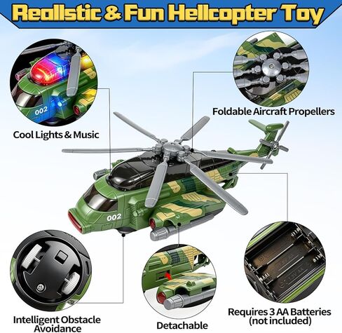 Hymaz Helicopter Toy for Kids 3-5 4-7, Army Military Plane Toy with Lights and Music, 360° Rotating, Bump and Go Airplane Toys for Boys Girls Toddlers Indoor Play Birthday Easter Gifts in Kuwait