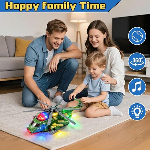 Hymaz Helicopter Toy for Kids 3-5 4-7, Army Military Plane Toy with Lights and Music, 360° Rotating, Bump and Go Airplane Toys for Boys Girls Toddlers Indoor Play Birthday Easter Gifts in Kuwait