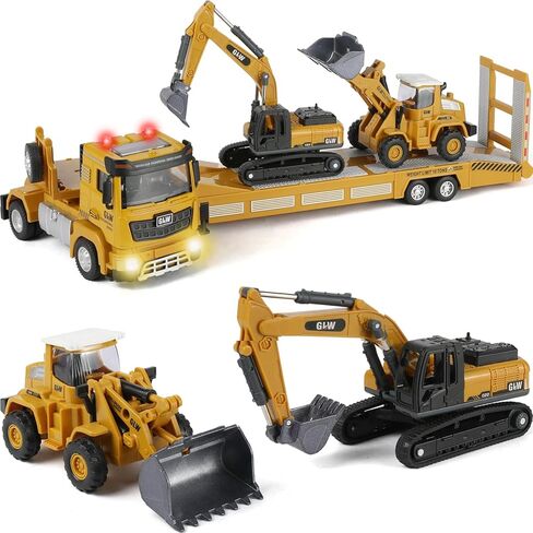 Kids Construction Truck Vehicles Toys 3 Set, Inertial Driving Metal Semi Truck Trailer and Diecast Excavator Bulldozer with Lights Sounds and Movable Parts Learning Toys Gift for Boys in Kuwait