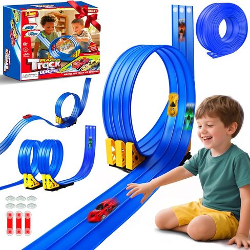 3-Lane Flexible Race Track for Kids: 15ft DIY Bendable Ramp with Suction Cups – Portable Roll-Up Car Track for Kids Compatible with 1:64 Diecast Cars – Easter Birthday Gift for Boys Girls Ages 3+ in Kuwait