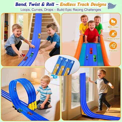 3-Lane Flexible Race Track for Kids: 15ft DIY Bendable Ramp with Suction Cups – Portable Roll-Up Car Track for Kids Compatible with 1:64 Diecast Cars – Easter Birthday Gift for Boys Girls Ages 3+ in Kuwait