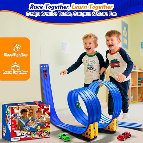 3-Lane Flexible Race Track for Kids: 15ft DIY Bendable Ramp with Suction Cups – Portable Roll-Up Car Track for Kids Compatible with 1:64 Diecast Cars – Easter Birthday Gift for Boys Girls Ages 3+ in Kuwait