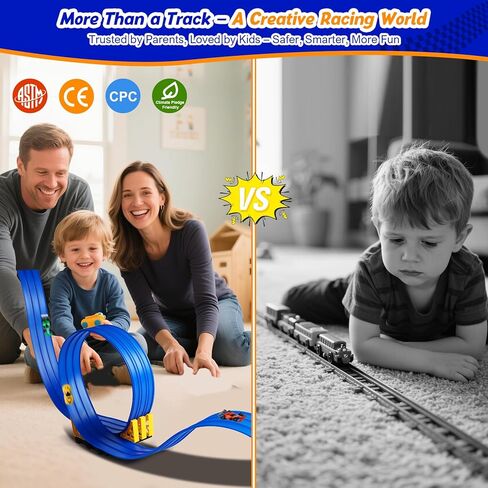 3-Lane Flexible Race Track for Kids: 15ft DIY Bendable Ramp with Suction Cups – Portable Roll-Up Car Track for Kids Compatible with 1:64 Diecast Cars – Easter Birthday Gift for Boys Girls Ages 3+ in Kuwait