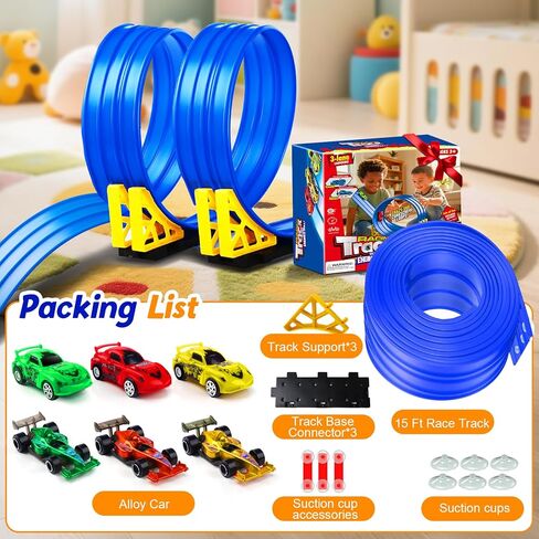 3-Lane Flexible Race Track for Kids: 15ft DIY Bendable Ramp with Suction Cups – Portable Roll-Up Car Track for Kids Compatible with 1:64 Diecast Cars – Easter Birthday Gift for Boys Girls Ages 3+ in Kuwait