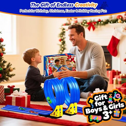 3-Lane Flexible Race Track for Kids: 15ft DIY Bendable Ramp with Suction Cups – Portable Roll-Up Car Track for Kids Compatible with 1:64 Diecast Cars – Easter Birthday Gift for Boys Girls Ages 3+ in Kuwait