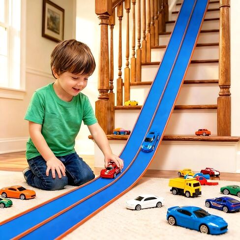 Flexible Tracks 15 Ft Flex Race Car Track for Kids Toy-DIY Car Track Set with 1/64th Rebound Cars Portable Rolls Up Race Tracks with Strong Suction Cups-Great Gifts Toys for Boys Girls Ages 3+ in Kuwait