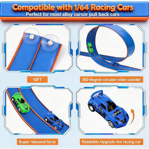 Flexible Tracks 15 Ft Flex Race Car Track for Kids Toy-DIY Car Track Set with 1/64th Rebound Cars Portable Rolls Up Race Tracks with Strong Suction Cups-Great Gifts Toys for Boys Girls Ages 3+ in Kuwait