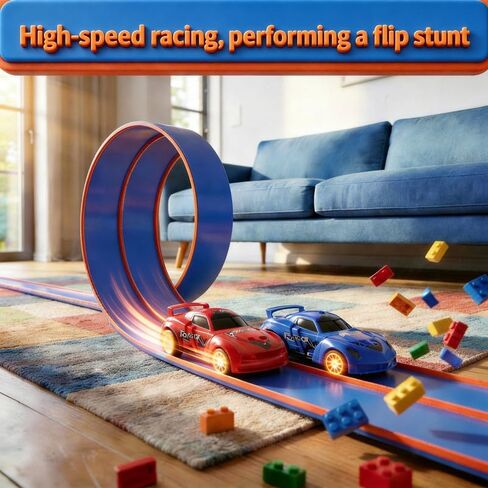 Flexible Tracks 15 Ft Flex Race Car Track for Kids Toy-DIY Car Track Set with 1/64th Rebound Cars Portable Rolls Up Race Tracks with Strong Suction Cups-Great Gifts Toys for Boys Girls Ages 3+ in Kuwait