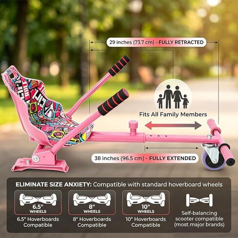 Hoverboard Go Kart Attachment, Heavy Duty Adjustable 29"-38" Frame, 360° Swivel Drift Wheel, Fits 6.5" 8" 10" Hoverboards, Off Road Cart for Teens & Adults, Pink+Black in Kuwait