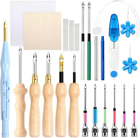 AUGSUN 39Pcs Punch Needle Embroidery Kit, Punch Needle Accessories Set Include Monk's Cloth Cross Stitch Fabric Adjustable Punch Tool for Handicraft Gifts Embroidery DIY Crafting Activity in Kuwait