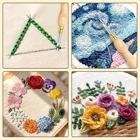 AUGSUN 39Pcs Punch Needle Embroidery Kit, Punch Needle Accessories Set Include Monk's Cloth Cross Stitch Fabric Adjustable Punch Tool for Handicraft Gifts Embroidery DIY Crafting Activity in Kuwait