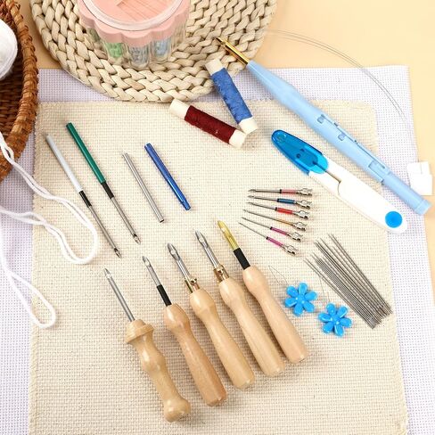 AUGSUN 39Pcs Punch Needle Embroidery Kit, Punch Needle Accessories Set Include Monk's Cloth Cross Stitch Fabric Adjustable Punch Tool for Handicraft Gifts Embroidery DIY Crafting Activity in Kuwait