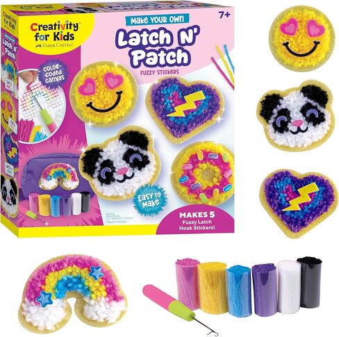 الإبداع للأطفال اصنع مجموعة ملصقات Latch N' Patch Fuzzy الخاصة بك | تجميع وتشذيب وتزيين 5 رقع من الخيوط | حرفة بخطاف مزلاج خالية من الفوضى | حفلة النوم وأنشطة الأطفال بدون استخدام الشاشات (الأعمار من 7 سنوات فما فوق) in Kuwait