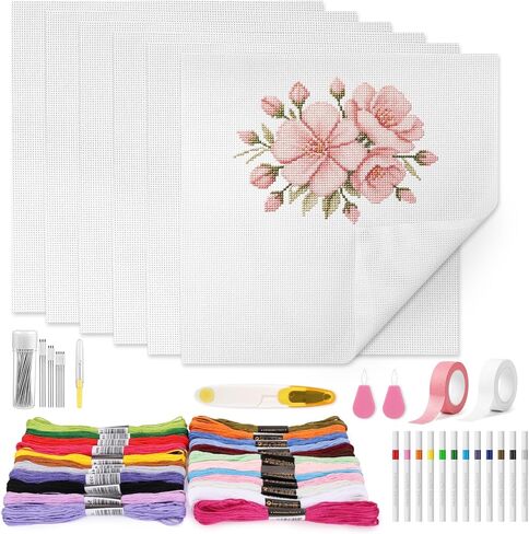 Zplontya 58PCS Needlepoint Canvas Starter Kit Include 6pcs 18ct Needlepoint Blank Canvas, Threads, Markers, Tapes, Needles, Scissor, Threaders and Ripper for Needlepoint & Cross Stitch Projects in Kuwait