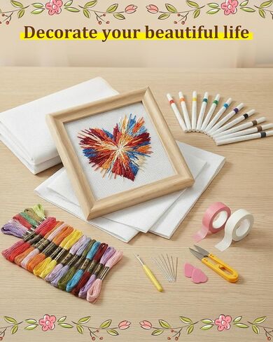 Zplontya 58PCS Needlepoint Canvas Starter Kit Include 6pcs 18ct Needlepoint Blank Canvas, Threads, Markers, Tapes, Needles, Scissor, Threaders and Ripper for Needlepoint & Cross Stitch Projects in Kuwait