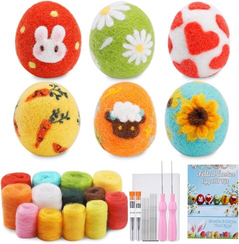 OEHPICC 6 Pcs Easter Eggs Needle Felting Kit for Beginners, Needle Felting Start Kit, with Wool Roving, Foam Pad, Instructions, for Easter Decorations Easter Basket Stuffer Spring Crafts Tree Hanging in Kuwait