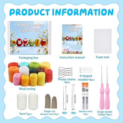 OEHPICC 6 Pcs Easter Eggs Needle Felting Kit for Beginners, Needle Felting Start Kit, with Wool Roving, Foam Pad, Instructions, for Easter Decorations Easter Basket Stuffer Spring Crafts Tree Hanging in Kuwait