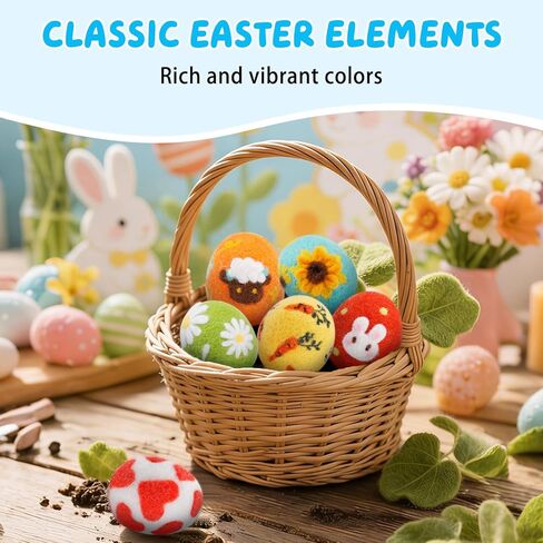 OEHPICC 6 Pcs Easter Eggs Needle Felting Kit for Beginners, Needle Felting Start Kit, with Wool Roving, Foam Pad, Instructions, for Easter Decorations Easter Basket Stuffer Spring Crafts Tree Hanging in Kuwait