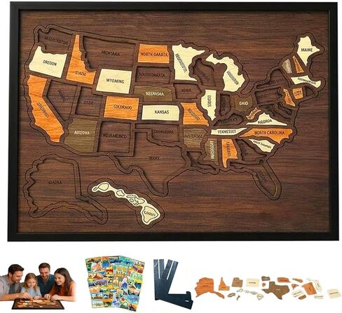 Wooden USA Travel Map Puzzle | A Stylish Way to Track Your Journey & Memories | United States Map Tracker Puzzle Frame | Pin Board with Elements Sticker & Stand Holder for Home Wall Art Decor in Kuwait