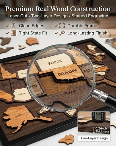 Wooden USA Travel Map Puzzle | A Stylish Way to Track Your Journey & Memories | United States Map Tracker Puzzle Frame | Pin Board with Elements Sticker & Stand Holder for Home Wall Art Decor in Kuwait