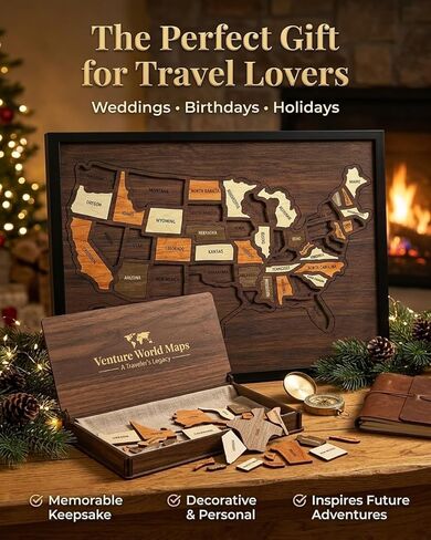Wooden USA Travel Map Puzzle | A Stylish Way to Track Your Journey & Memories | United States Map Tracker Puzzle Frame | Pin Board with Elements Sticker & Stand Holder for Home Wall Art Decor in Kuwait