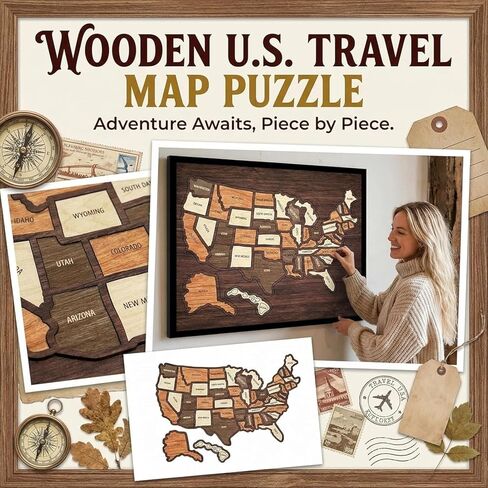 Wooden USA Travel Map Puzzle | A Stylish Way to Track Your Journey & Memories | United States Map Tracker Puzzle Frame | Pin Board with Elements Sticker & Stand Holder for Home Wall Art Decor in Kuwait