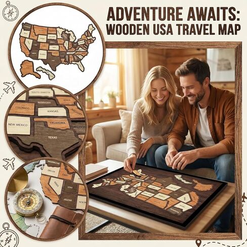 Wooden USA Travel Map Puzzle | A Stylish Way to Track Your Journey & Memories | United States Map Tracker Puzzle Frame | Pin Board with Elements Sticker & Stand Holder for Home Wall Art Decor in Kuwait