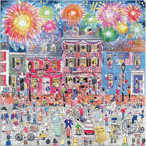 Galison Celebrate The USA – 500 Piece Michael Storrings Foil Jigsaw Puzzle Featuring Beautiful Artwork of The USA 250th Birthday Fourth of July Fireworks Celebration in Kuwait