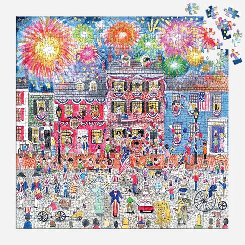 Galison Celebrate The USA – 500 Piece Michael Storrings Foil Jigsaw Puzzle Featuring Beautiful Artwork of The USA 250th Birthday Fourth of July Fireworks Celebration in Kuwait
