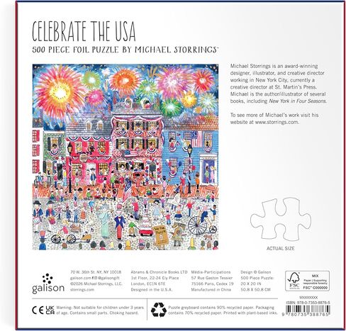 Galison Celebrate The USA – 500 Piece Michael Storrings Foil Jigsaw Puzzle Featuring Beautiful Artwork of The USA 250th Birthday Fourth of July Fireworks Celebration in Kuwait