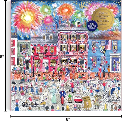 Galison Celebrate The USA – 500 Piece Michael Storrings Foil Jigsaw Puzzle Featuring Beautiful Artwork of The USA 250th Birthday Fourth of July Fireworks Celebration in Kuwait