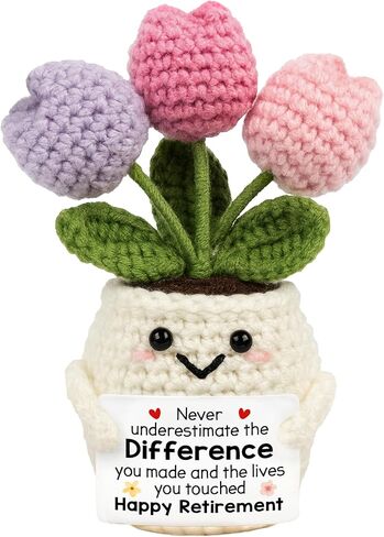 Retirement Gifts for Women - Retirement, Farewell, Going Away, Coworker Leaving, Goodbye Gifts for Coworkers - Handmade Knitted Inspirational Positive Tulip Retired Doll Crochet in Kuwait