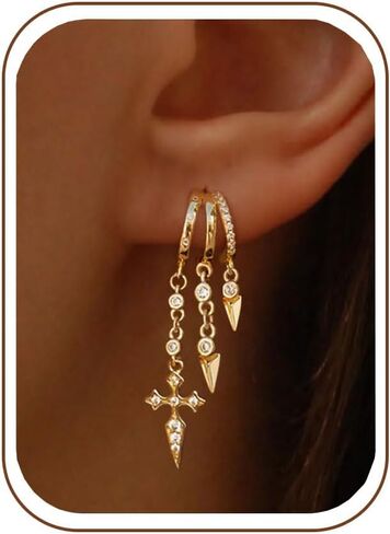 Dangle Earrings For Women,Dainty 14K Gold Plated Hypoallergenic Small Triple Huggie Hoop Earring Gothic Cute Cross Moon Star Drop Earrings For Women Trendy Gold Statement Stud Earring Jewelry in Saudi Arabia